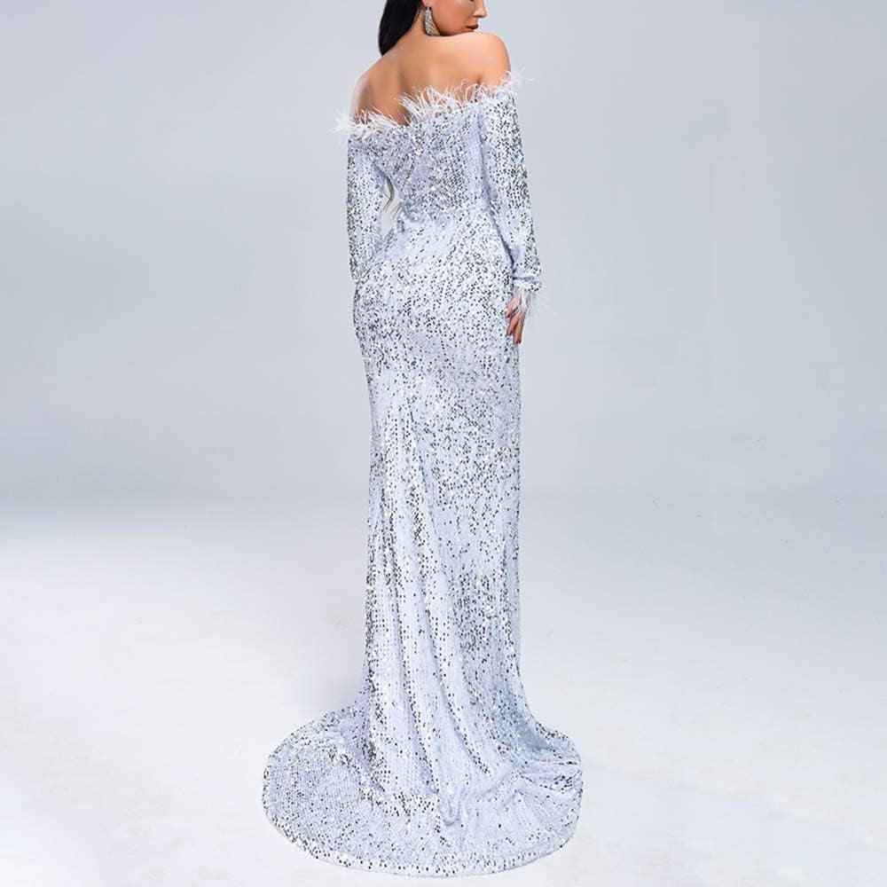 Sexy off Shoulder Feather Long Sleeve Sequin Floor Length Evening Maxi Dress
