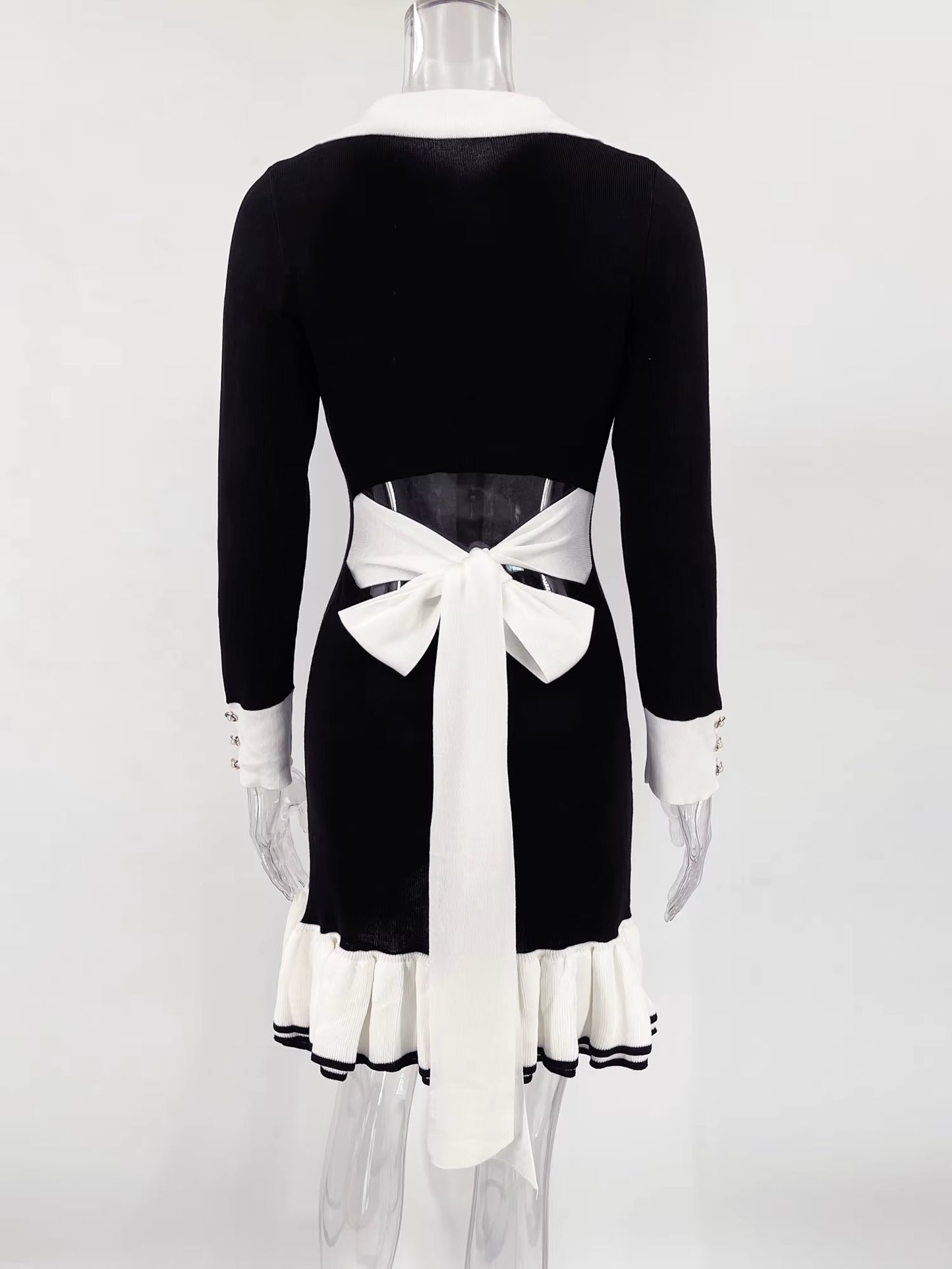 Ruffled Bow Knit Mini Dress Women'S Summer Backless Contrast Cardigan Lace-Up Elegant Dress Female Knitwear Bandage Dress