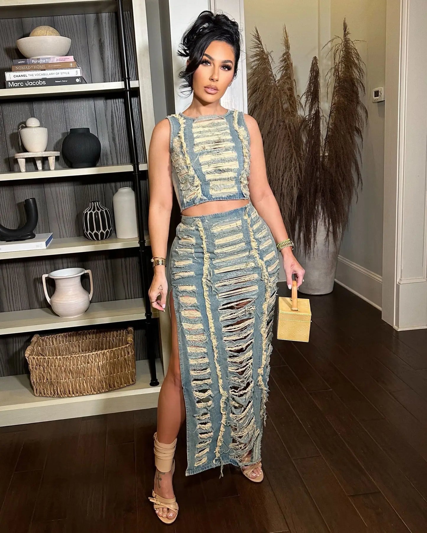 Hollow Out Jeans Skirt Outfit Set Sexy Women Elegant Two Pieces Denim Club Matching Set Top+Long Skirt