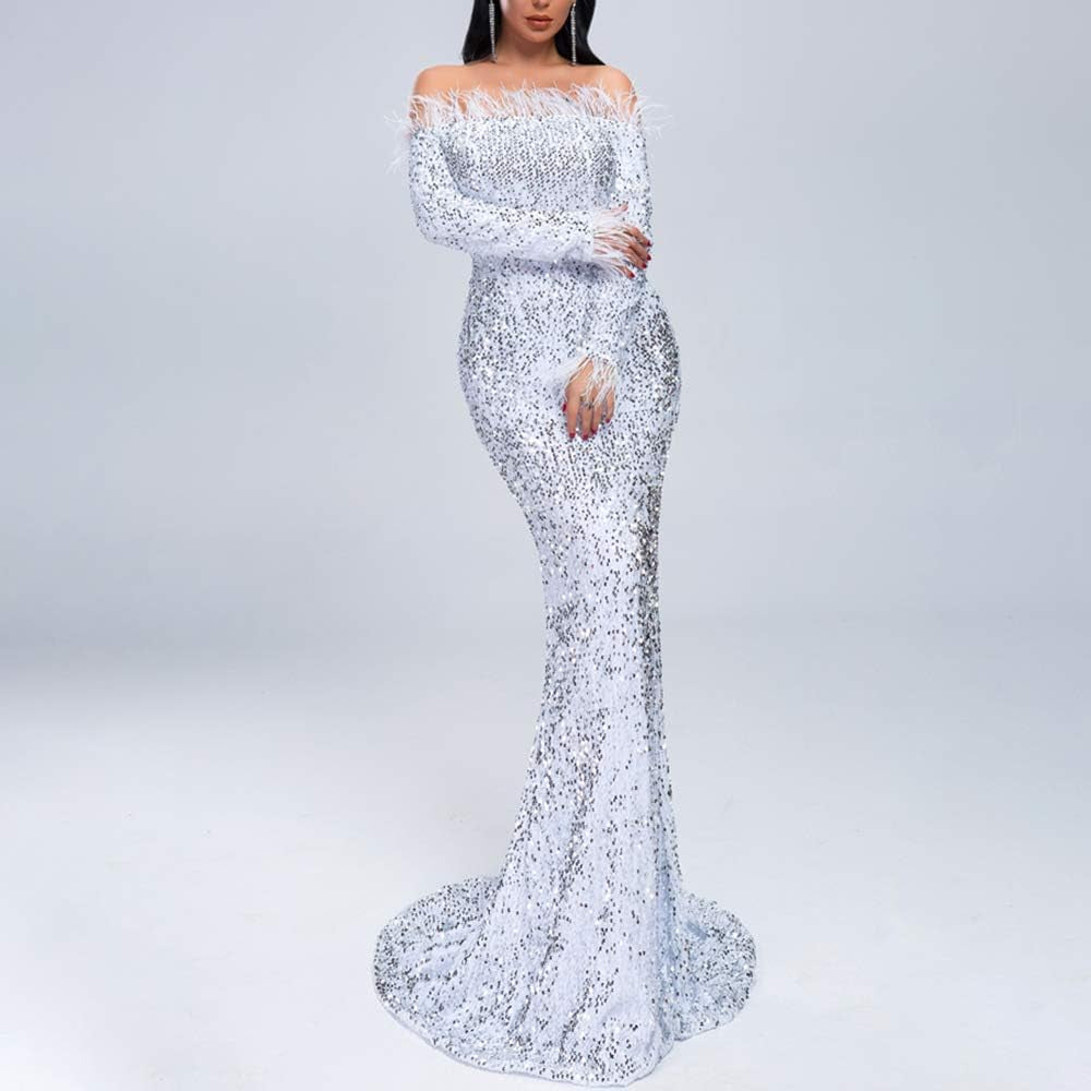 Sexy off Shoulder Feather Long Sleeve Sequin Floor Length Evening Maxi Dress