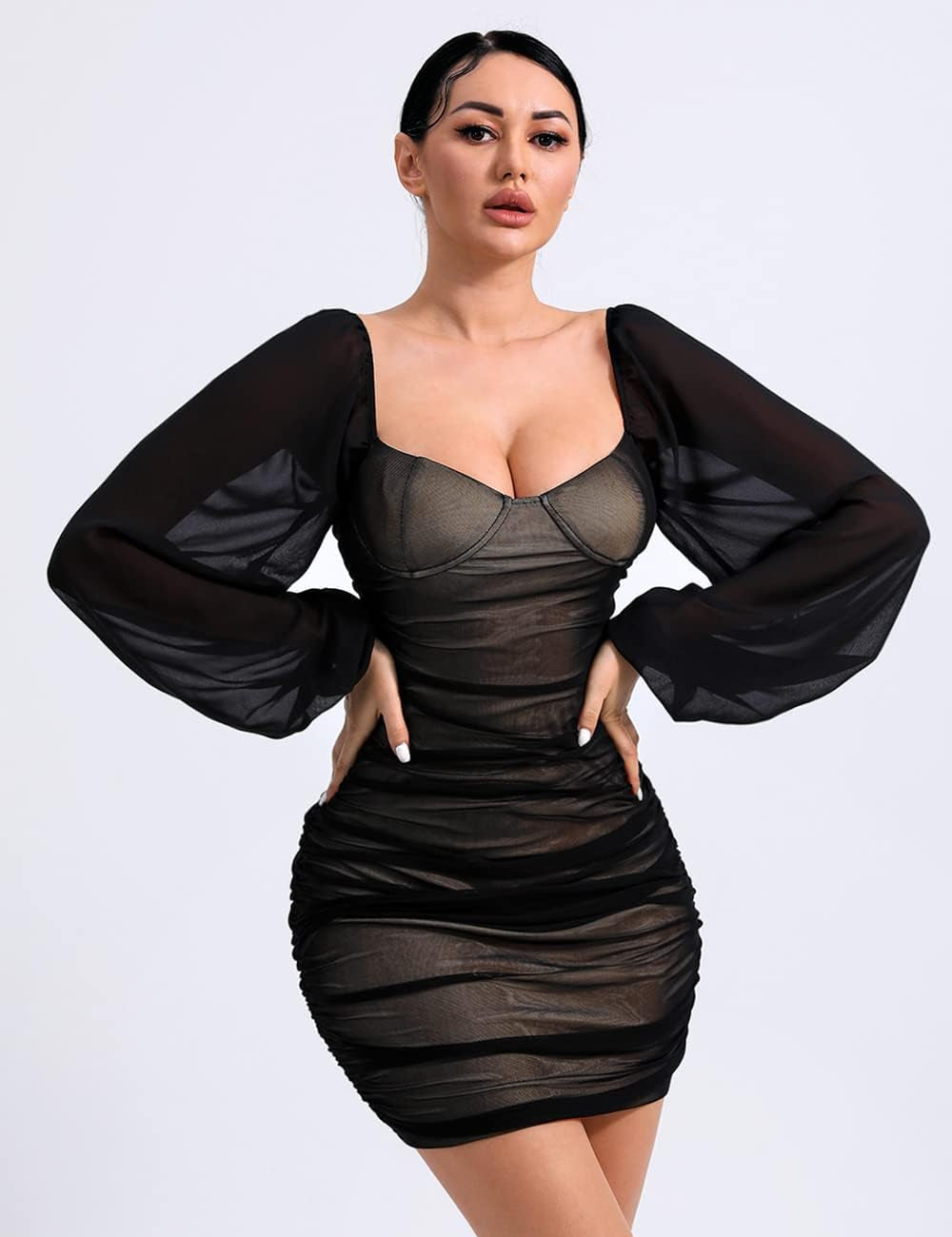 Tight Long Lantern Sleeve Push up Mini Bodycon Open Back Mesh Ruched Hip Dress(Black, X-Large)