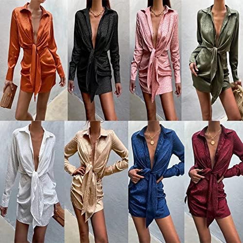 Women Sexy Satin Button down Shirt Collar Printed V Neck Ruched Tie Front Shirtdress Tunic Mini Dress Black M