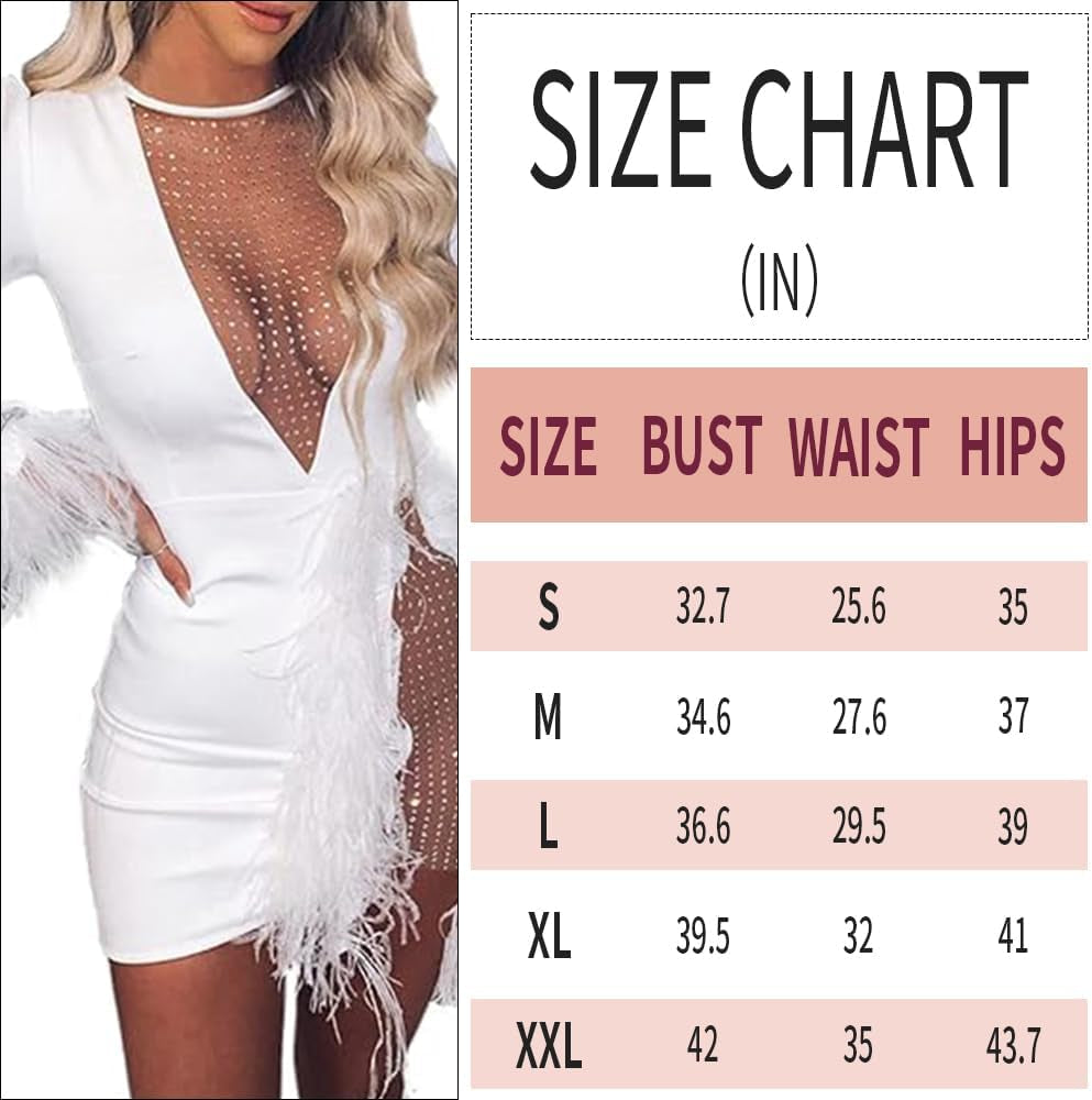 Women Sexy Club Dress Long Sleeve Deep V Neck Party Mini Dresses Feather Sequin Bodysuit