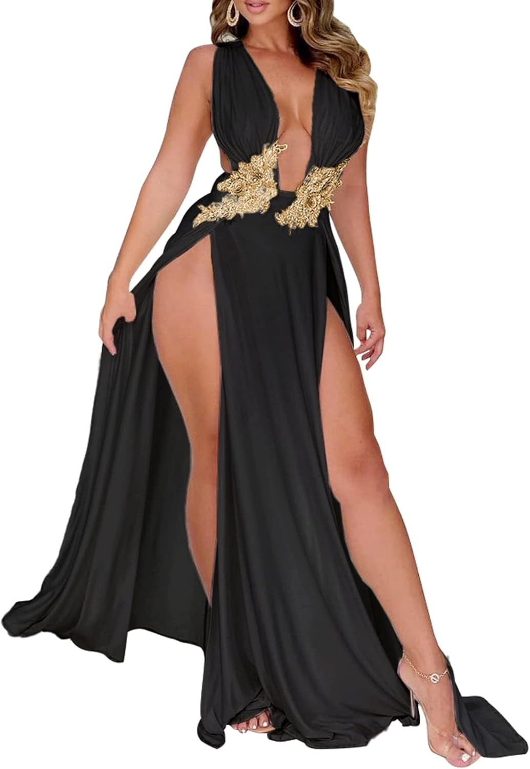 Women Sexy Deep V Neck Maxi Dress High Slit Embroidery Long Evening Dress Clubwear