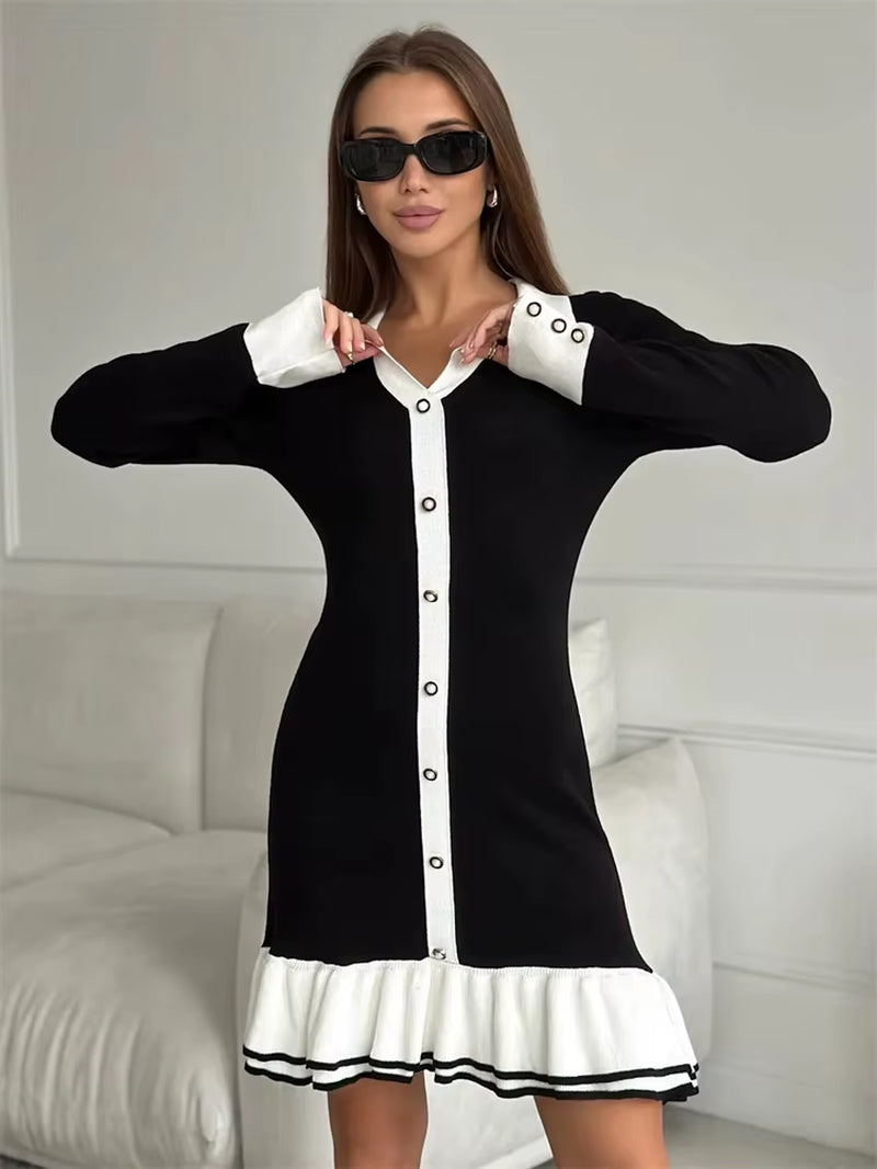 Ruffled Bow Knit Mini Dress Women'S Summer Backless Contrast Cardigan Lace-Up Elegant Dress Female Knitwear Bandage Dress