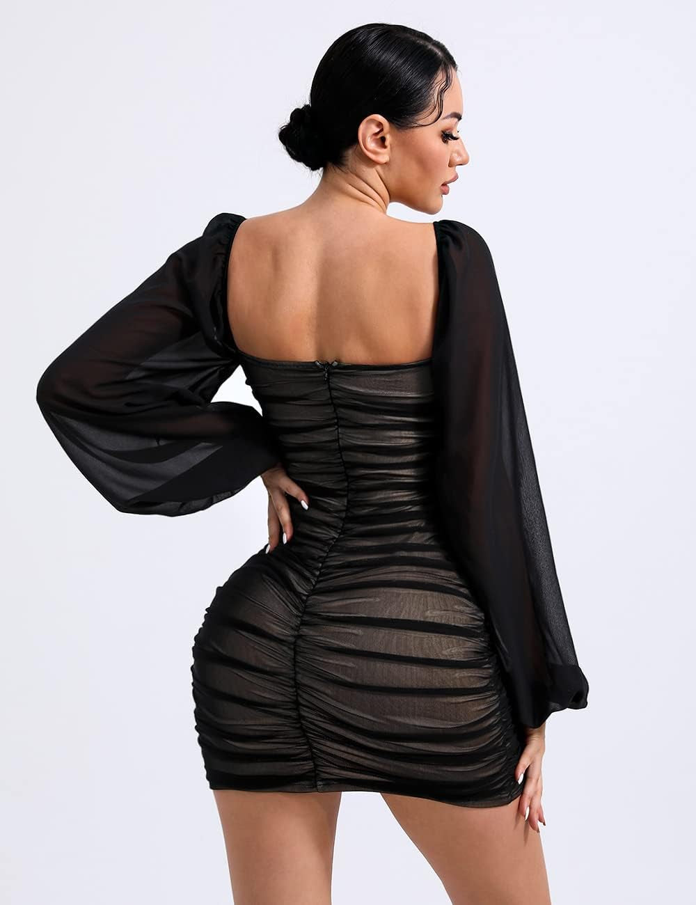 Tight Long Lantern Sleeve Push up Mini Bodycon Open Back Mesh Ruched Hip Dress(Black, X-Large)