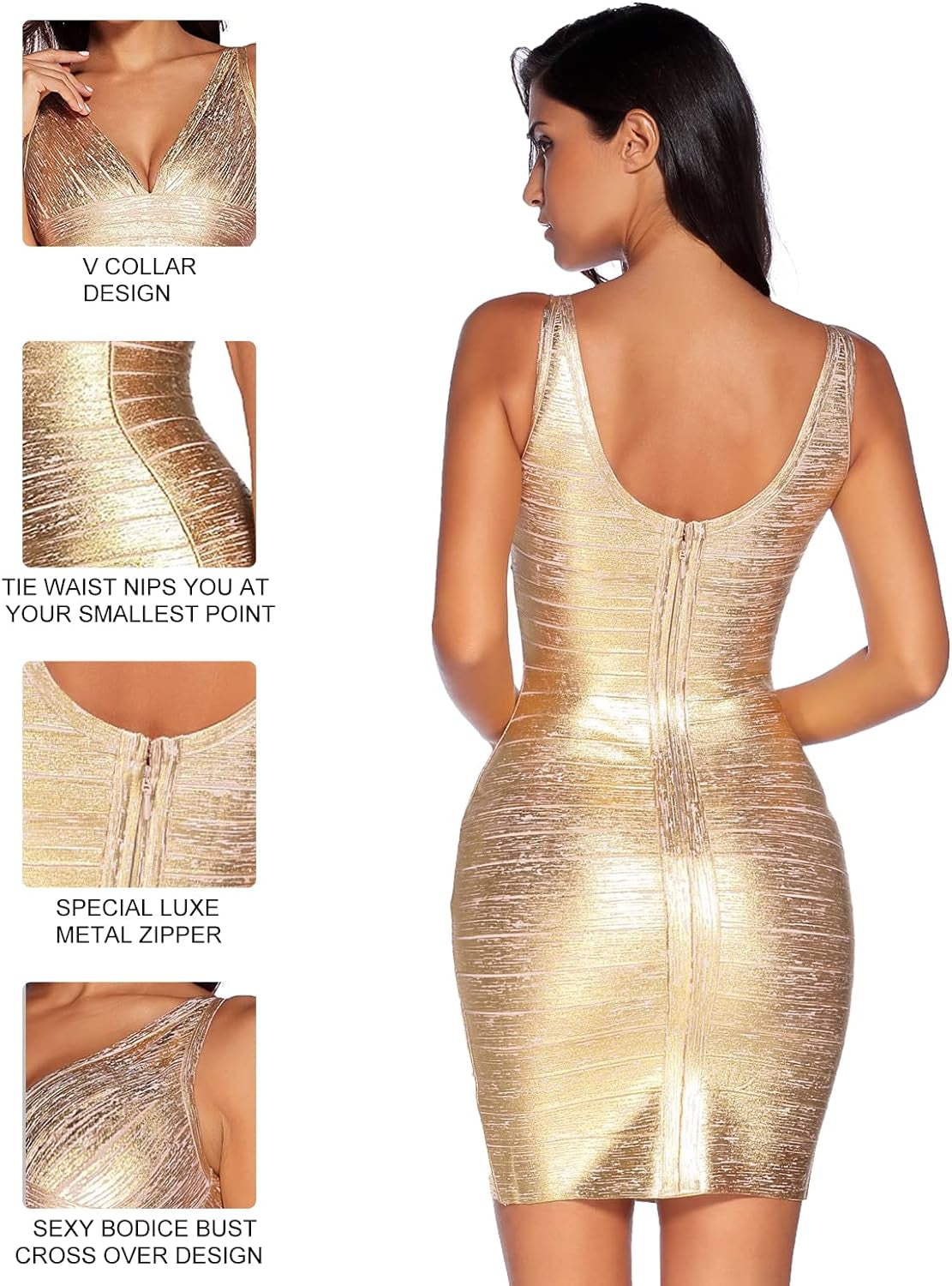 Sexy V-Neck Bandage Bodycon Cocktail Dress for Wedding Guest Strap Foil Formal Gowns Evening Dress