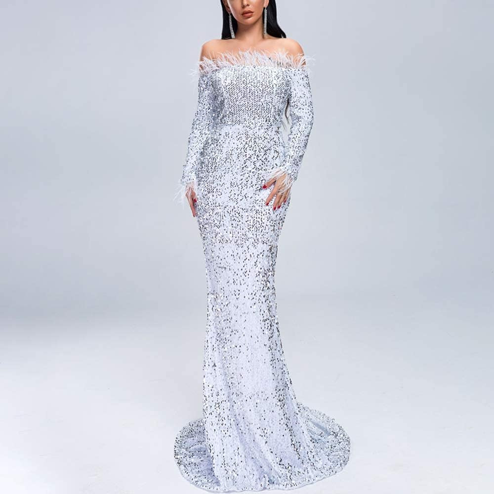 Sexy off Shoulder Feather Long Sleeve Sequin Floor Length Evening Maxi Dress