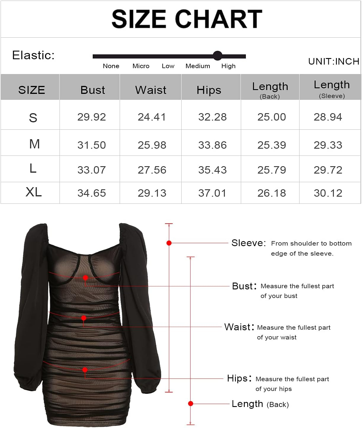 Tight Long Lantern Sleeve Push up Mini Bodycon Open Back Mesh Ruched Hip Dress(Black, X-Large)