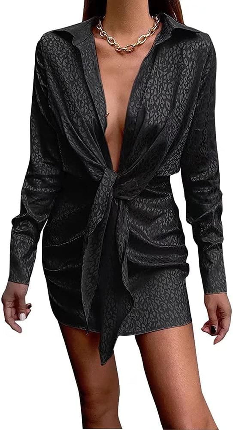 Women Sexy Satin Button down Shirt Collar Printed V Neck Ruched Tie Front Shirtdress Tunic Mini Dress Black M