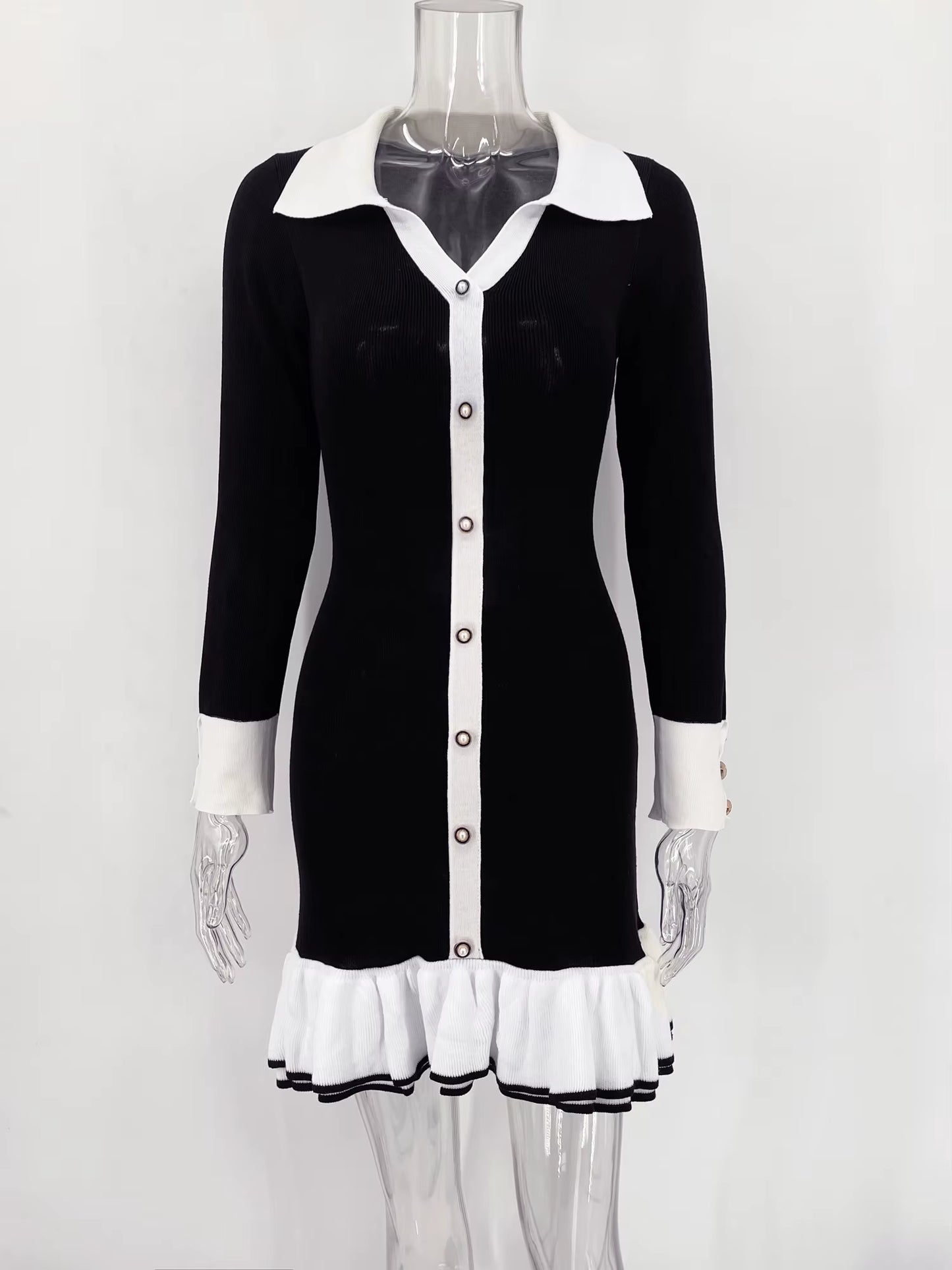 Ruffled Bow Knit Mini Dress Women'S Summer Backless Contrast Cardigan Lace-Up Elegant Dress Female Knitwear Bandage Dress
