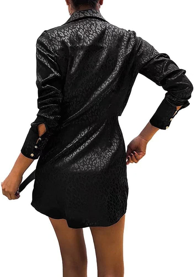 Women Sexy Satin Button down Shirt Collar Printed V Neck Ruched Tie Front Shirtdress Tunic Mini Dress Black M