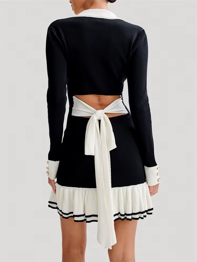 Ruffled Bow Knit Mini Dress Women'S Summer Backless Contrast Cardigan Lace-Up Elegant Dress Female Knitwear Bandage Dress