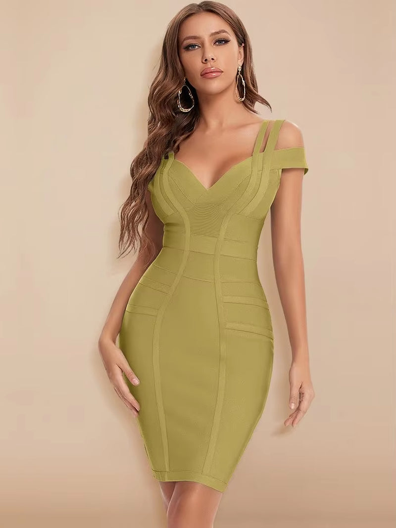 Sexy Plunge V Green Birthday Dress Bandage Women 2023 Double Strap Party Weddind Dress Tight Bodycon Birthday Vestido