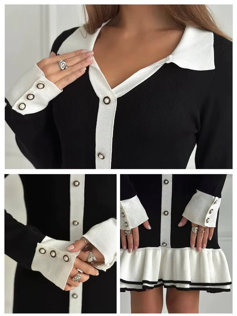 Ruffled Bow Knit Mini Dress Women'S Summer Backless Contrast Cardigan Lace-Up Elegant Dress Female Knitwear Bandage Dress