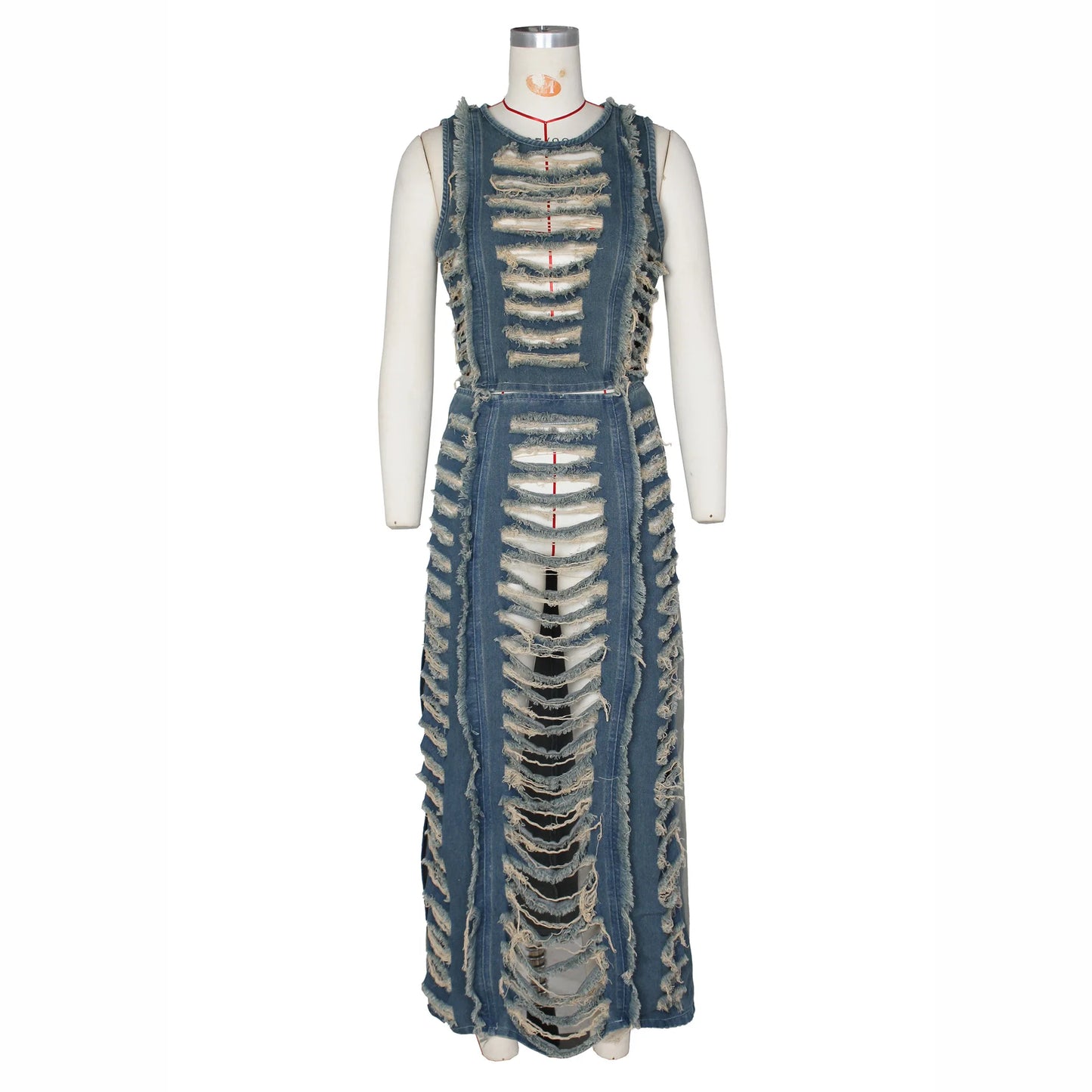 Hollow Out Jeans Skirt Outfit Set Sexy Women Elegant Two Pieces Denim Club Matching Set Top+Long Skirt