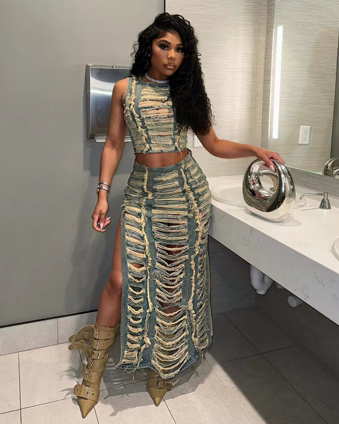 Hollow Out Jeans Skirt Outfit Set Sexy Women Elegant Two Pieces Denim Club Matching Set Top+Long Skirt