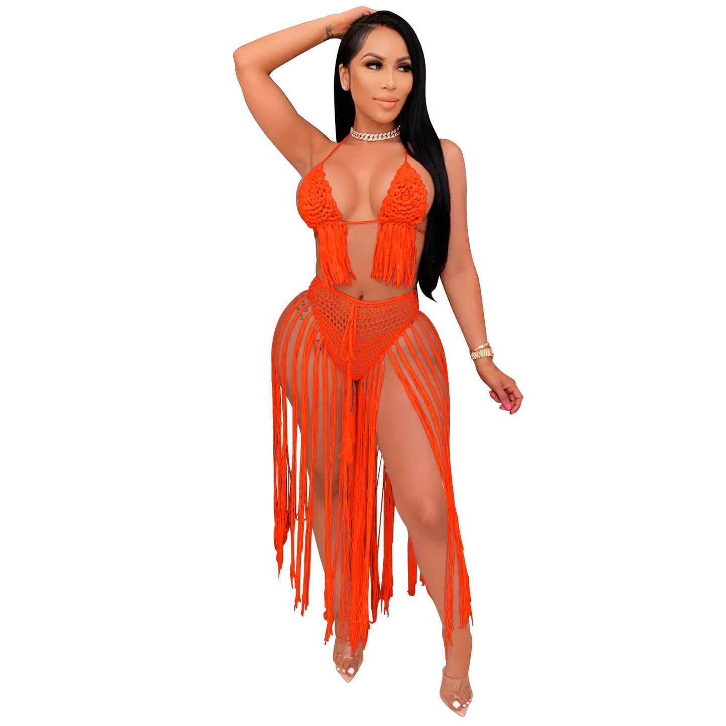 RT Sexy Women Knitted Set Tassels Two Pieces Set Halter Backless Bra Top Tassels Pants 2 Pieces Crocheted Set Crochet Beach Set