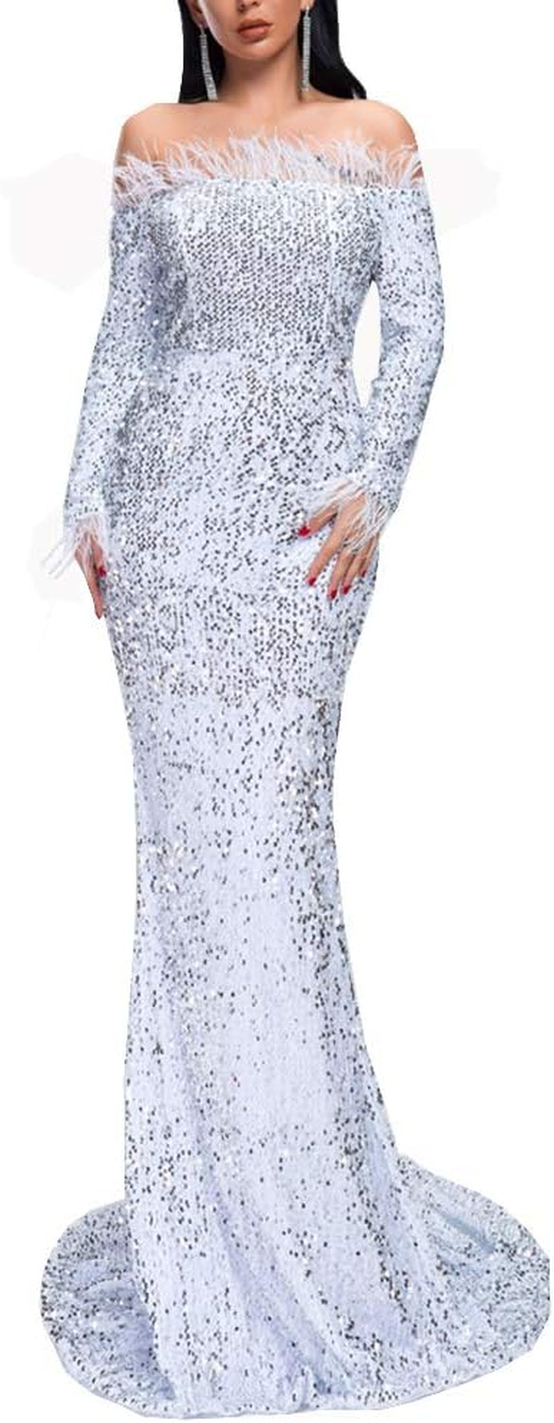 Sexy off Shoulder Feather Long Sleeve Sequin Floor Length Evening Maxi Dress