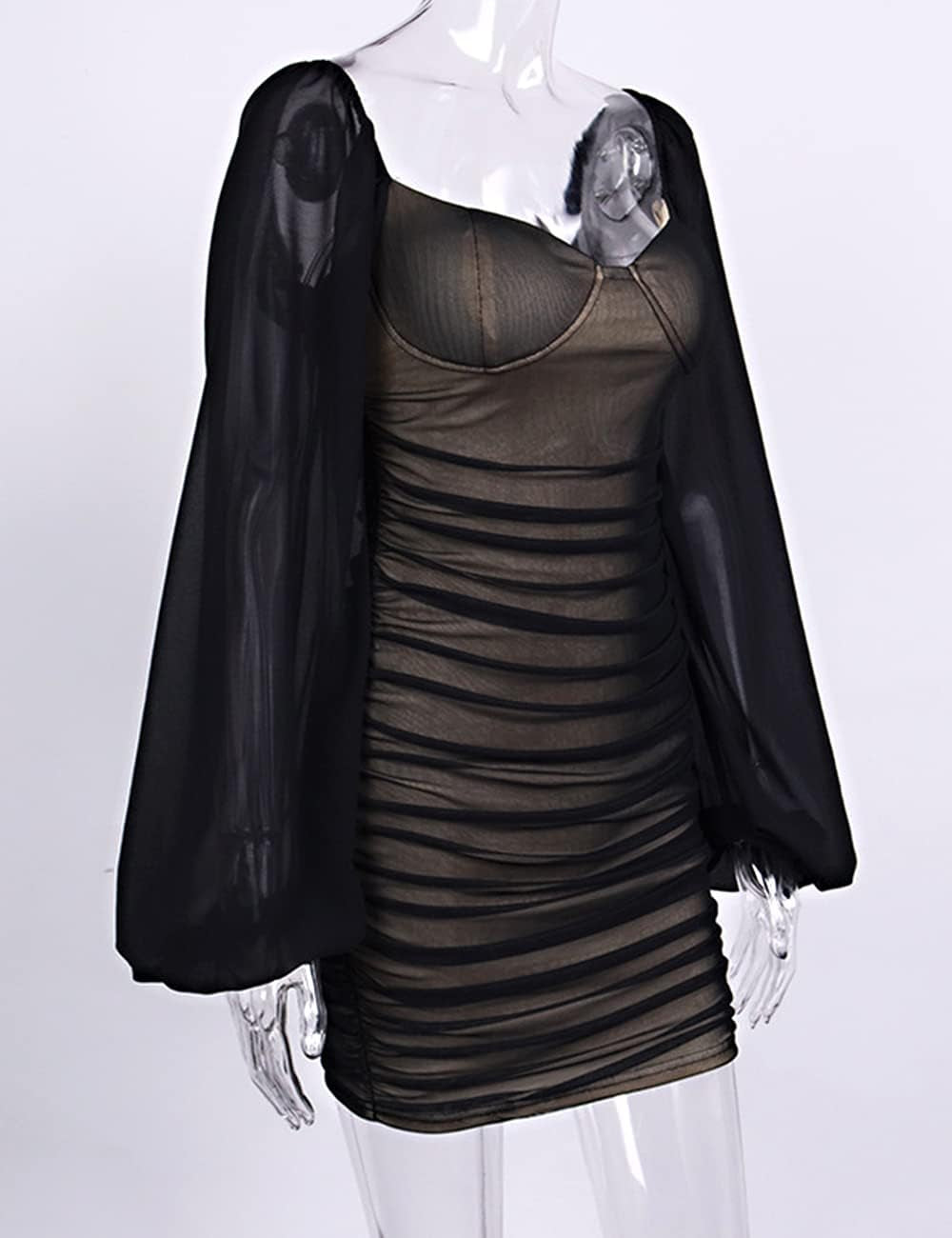 Tight Long Lantern Sleeve Push up Mini Bodycon Open Back Mesh Ruched Hip Dress(Black, X-Large)