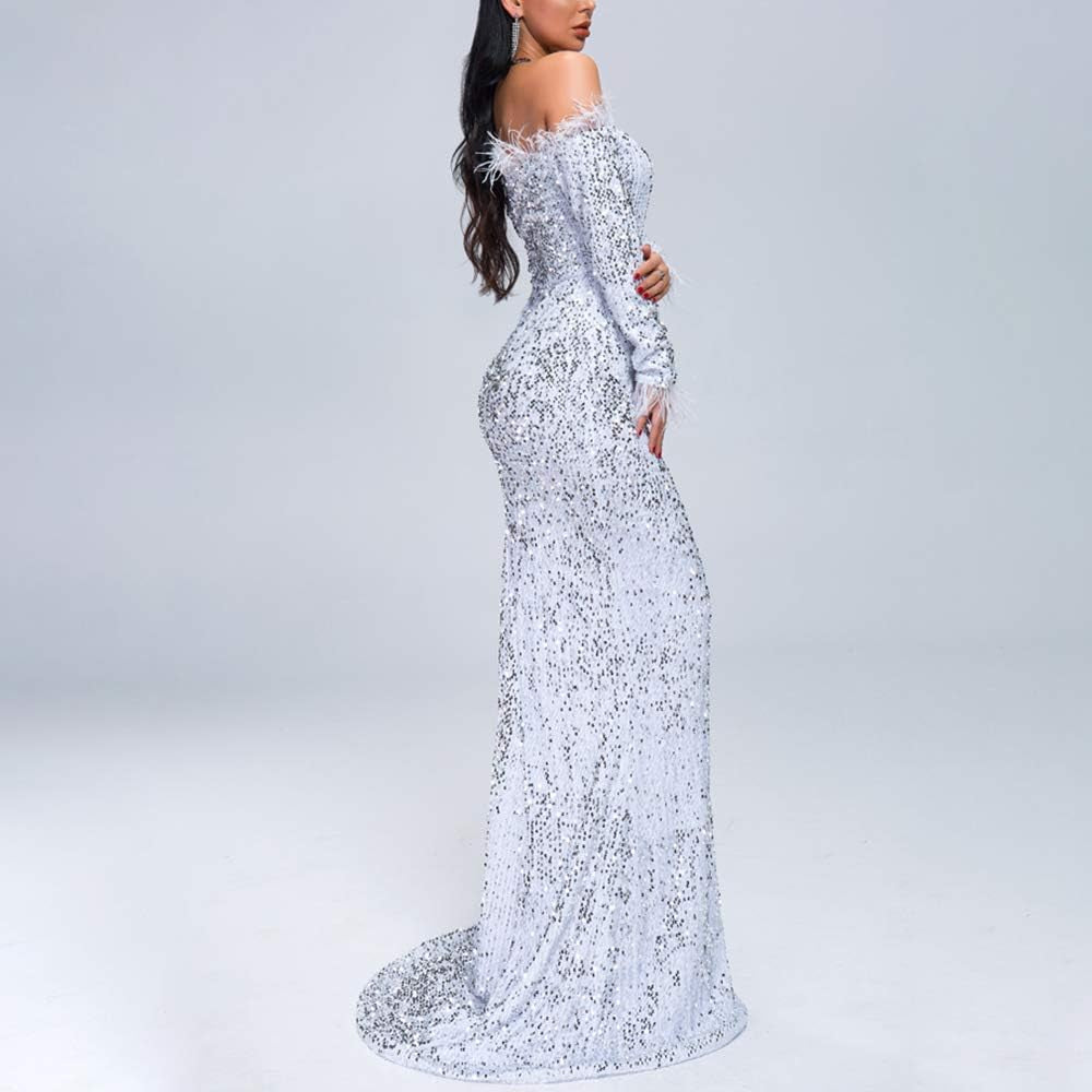 Sexy off Shoulder Feather Long Sleeve Sequin Floor Length Evening Maxi Dress