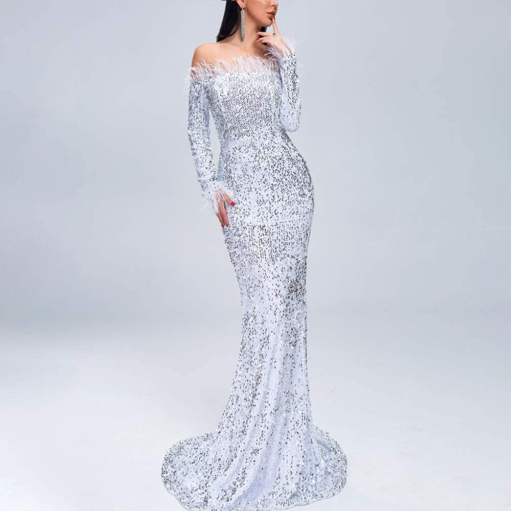 Sexy off Shoulder Feather Long Sleeve Sequin Floor Length Evening Maxi Dress