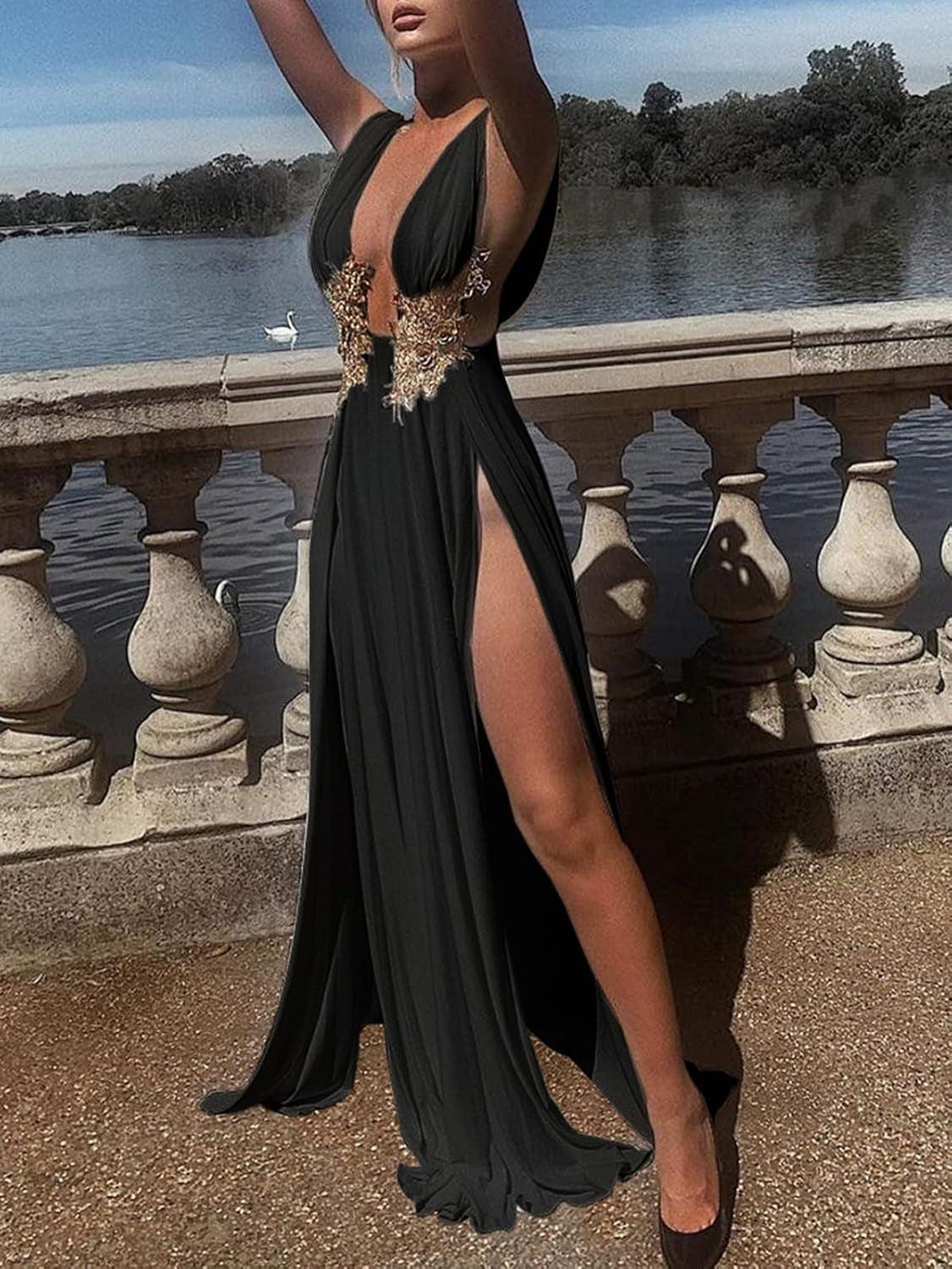 Women Sexy Deep V Neck Maxi Dress High Slit Embroidery Long Evening Dress Clubwear