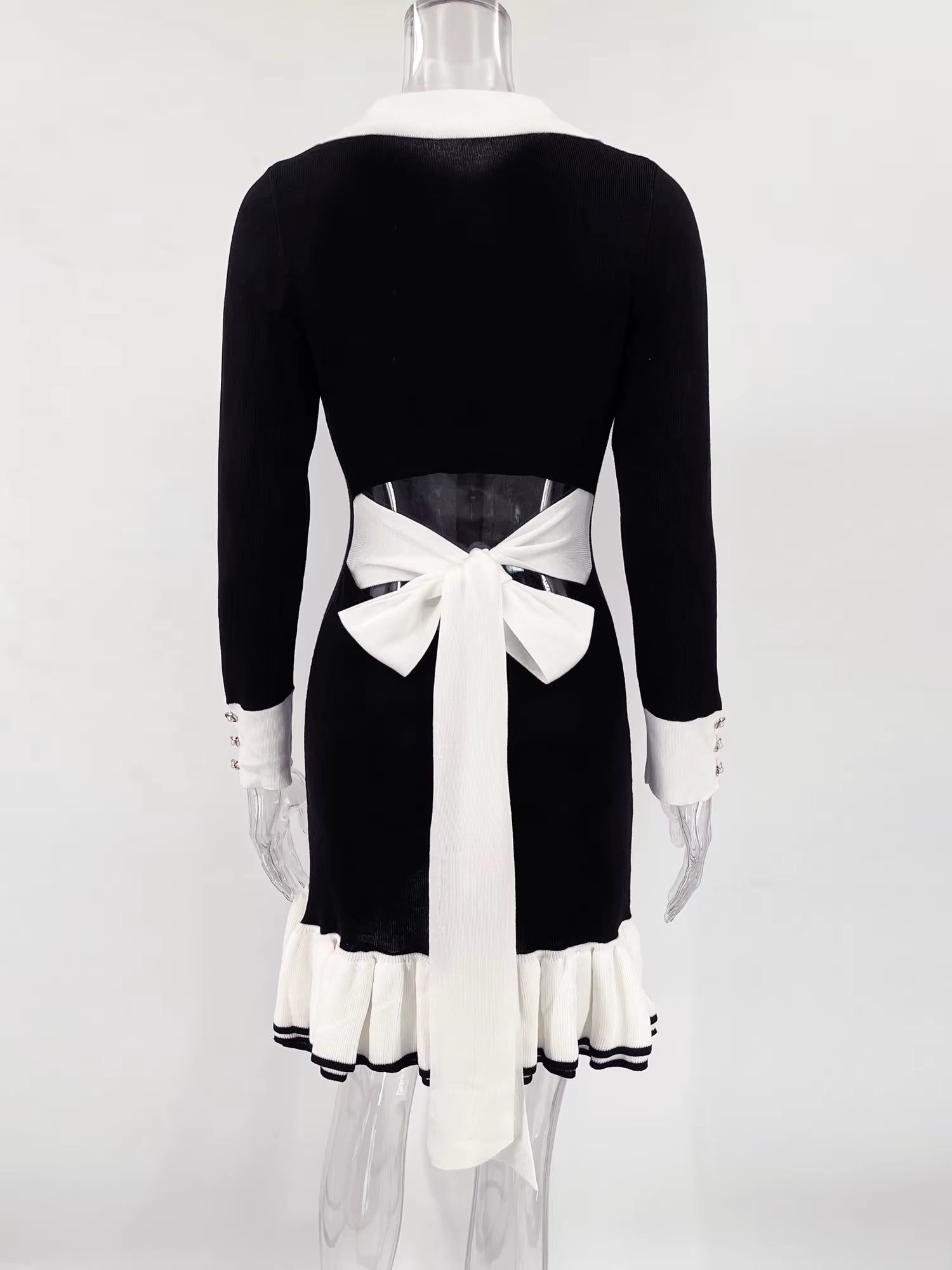 Ruffled Bow Knit Mini Dress Women'S Summer Backless Contrast Cardigan Lace-Up Elegant Dress Female Knitwear Bandage Dress