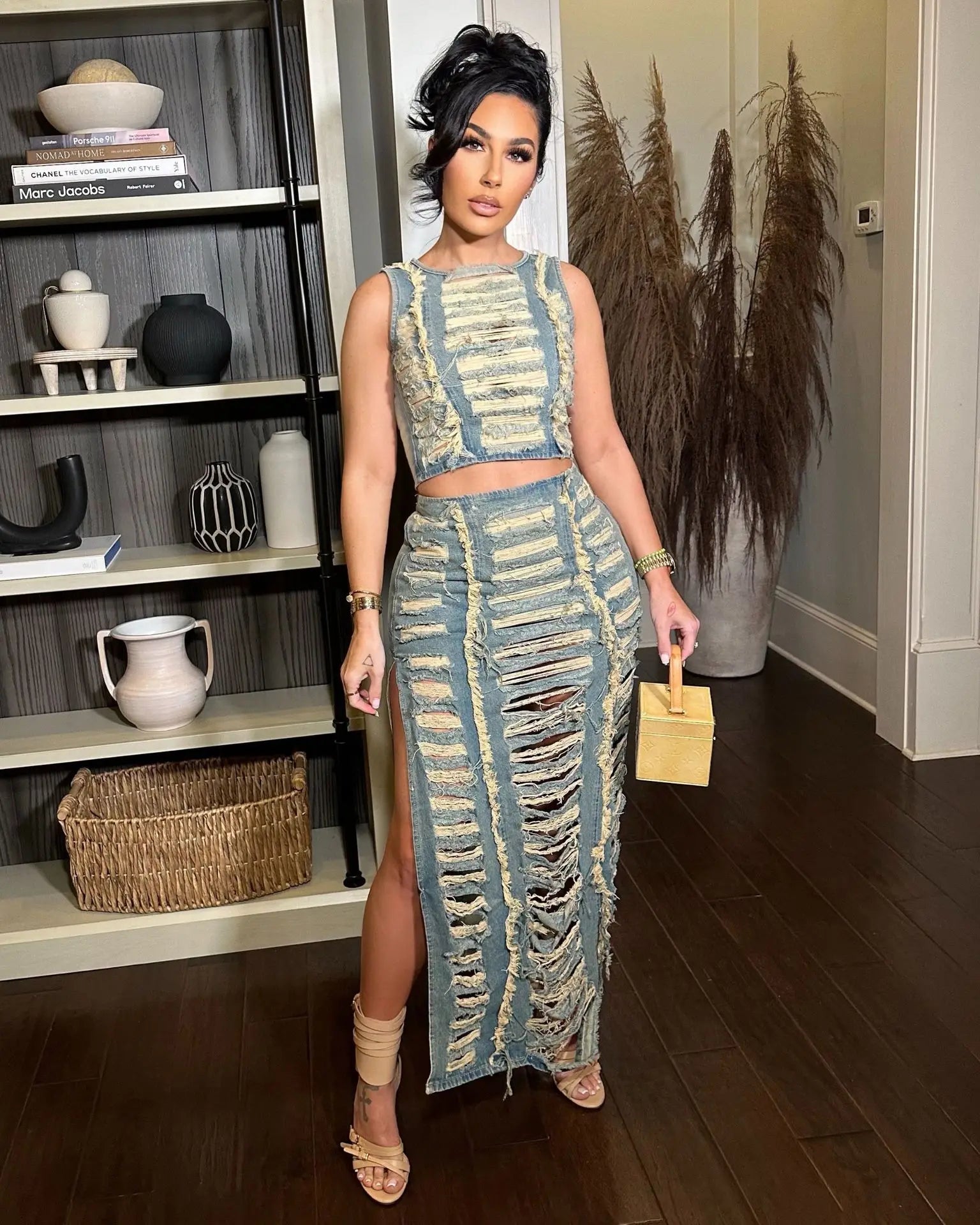 Hollow Out Jeans Skirt Outfit Set Sexy Women Elegant Two Pieces Denim Club Matching Set Top+Long Skirt