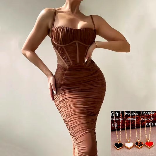 2024 New Women Fashion Spaghetti Strap Sleeveless Backless Zipper Long Dress Vestido Sexy Solid Elegant Corset Ruched Maxi Dress