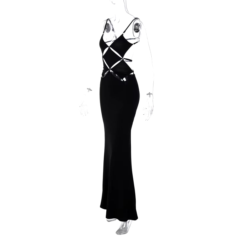 Hollow Out Sexy Evening Party Club Maxi Dress Outfits Women Bodycon Elegant Backless Sleeveless V Neck Summer Clothes Vestido