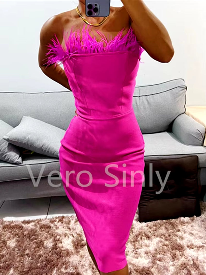 New Summer Sexy Strapless Backless Feather Black Midi Women Bodycon Bandage Dress 2023 Designer Fashion Party Club Dress Vestido