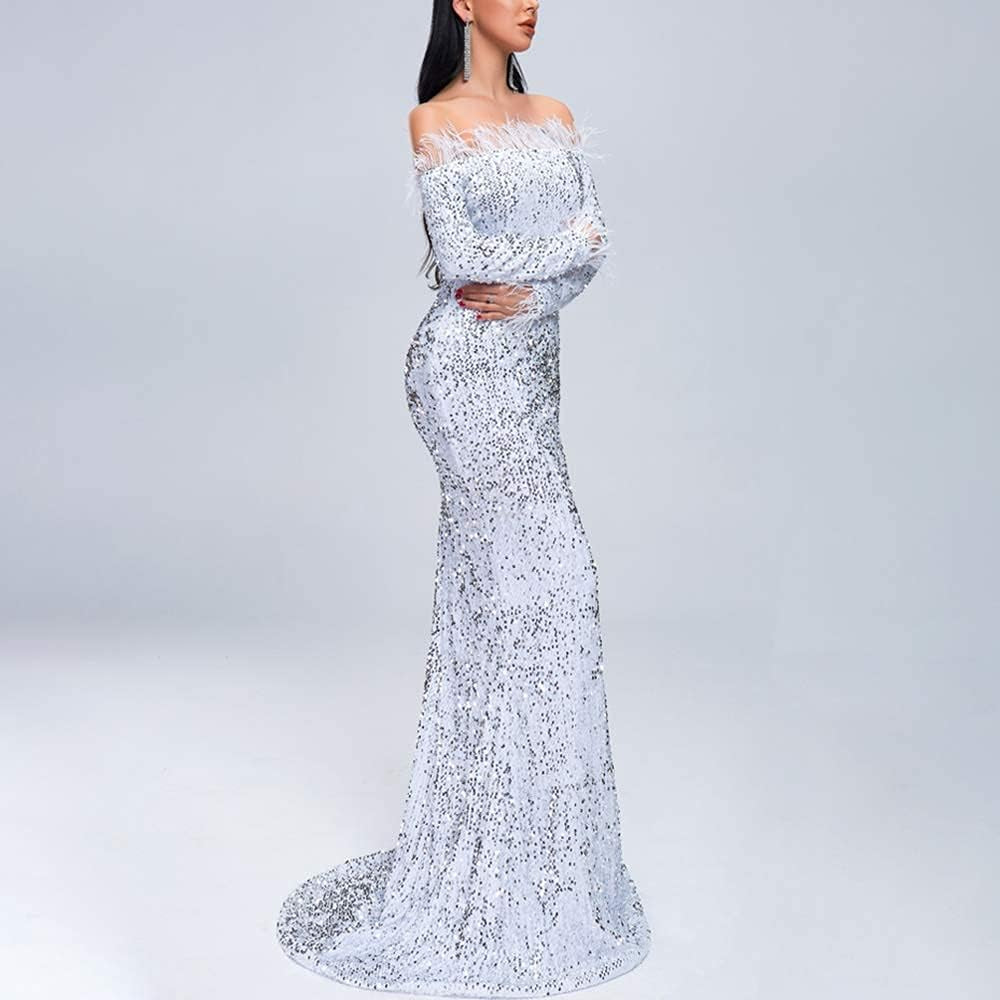 Sexy off Shoulder Feather Long Sleeve Sequin Floor Length Evening Maxi Dress