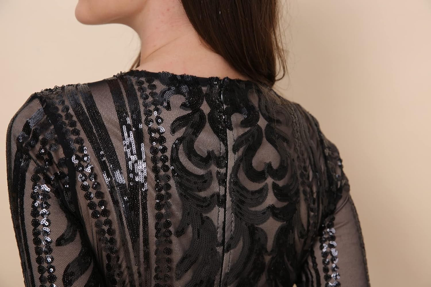 Women Evening Dress Sequin Long Sleeve Mermaid Crew Neck Cocktail Dress