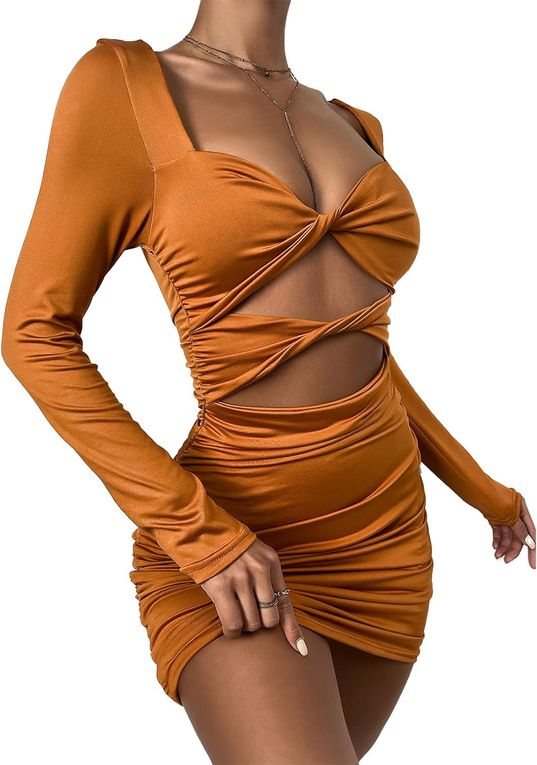 Sexy Mini Bodycon Club Dress for Women Y2K Cutout Ruched Twist Tight Party Dresses Brown S