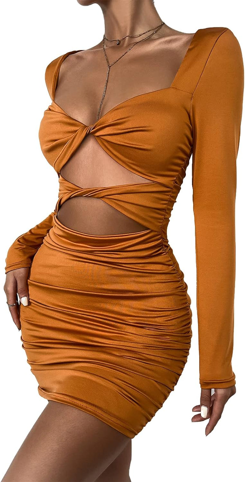 Sexy Mini Bodycon Club Dress for Women Y2K Cutout Ruched Twist Tight Party Dresses Brown S