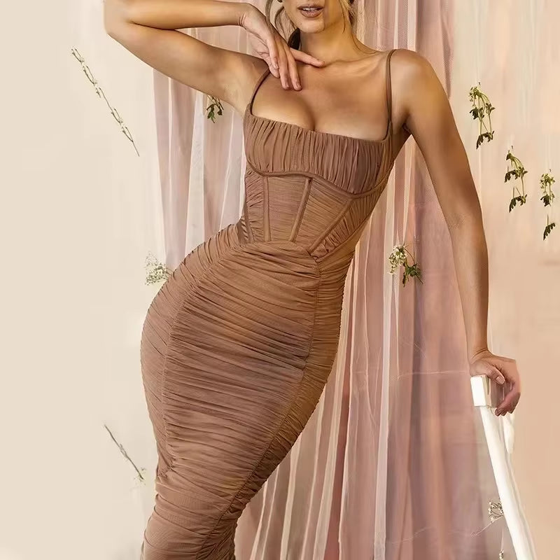 2024 New Women Fashion Spaghetti Strap Sleeveless Backless Zipper Long Dress Vestido Sexy Solid Elegant Corset Ruched Maxi Dress