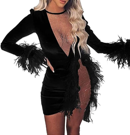 Women Sexy Club Dress Long Sleeve Deep V Neck Party Mini Dresses Feather Sequin Bodysuit