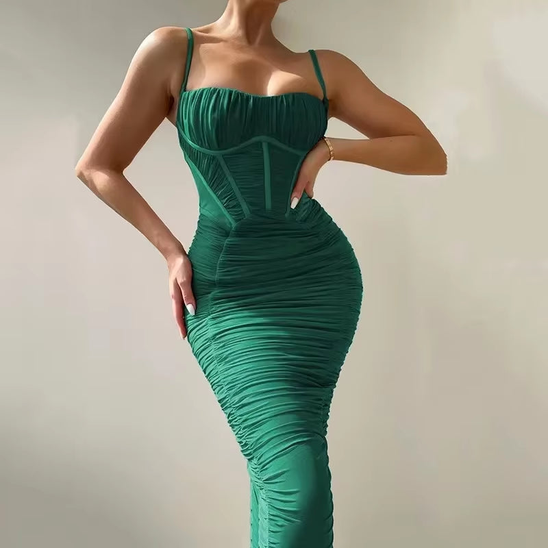 2024 New Women Fashion Spaghetti Strap Sleeveless Backless Zipper Long Dress Vestido Sexy Solid Elegant Corset Ruched Maxi Dress