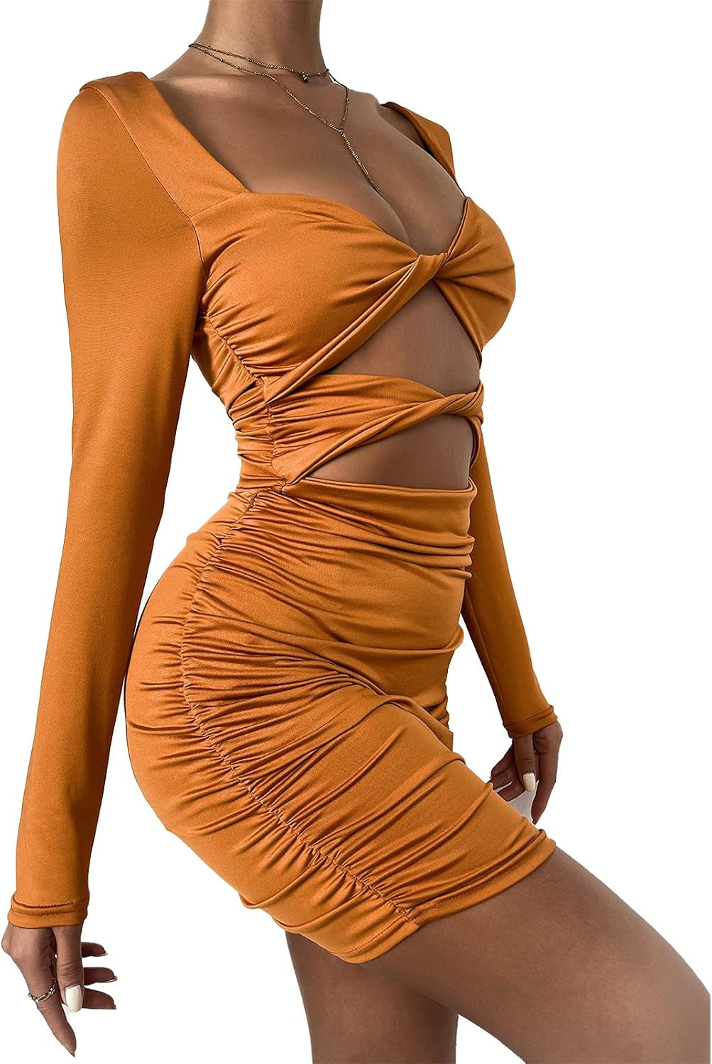 Sexy Mini Bodycon Club Dress for Women Y2K Cutout Ruched Twist Tight Party Dresses Brown S