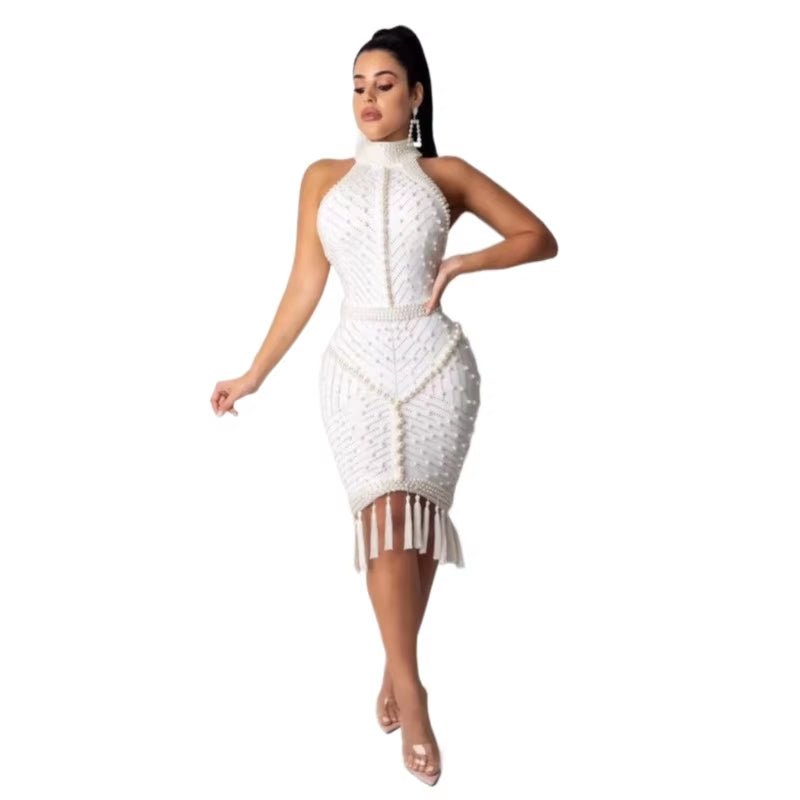 High Quality Dress Women Celebrity White Black Tassel Beading Sexy Rayon Bandage Bodycon Cocktail Party Dress Vestido Harajuku