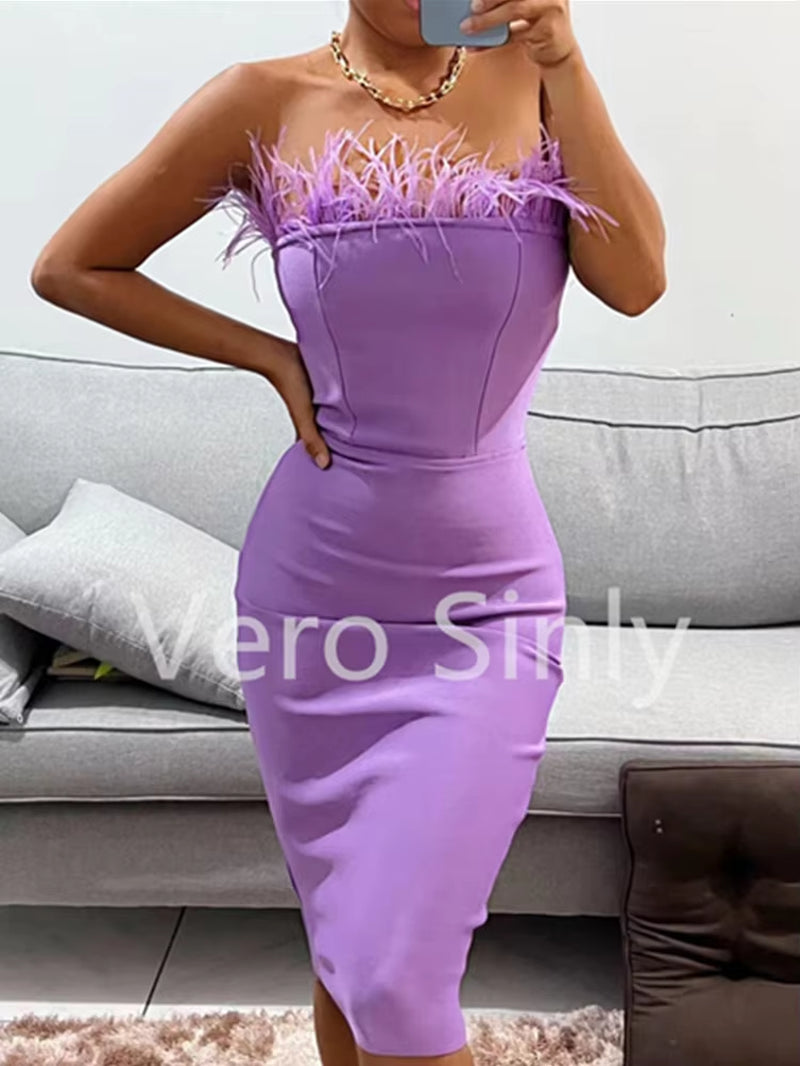 New Summer Sexy Strapless Backless Feather Black Midi Women Bodycon Bandage Dress 2023 Designer Fashion Party Club Dress Vestido