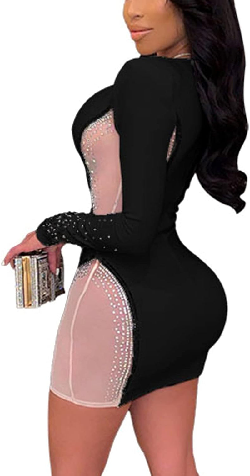 Women'S Sexy Long Sleeve V Neck Mini Dress Sheer Mesh Bodycon Dress Sequins Club Dress Black 2XL