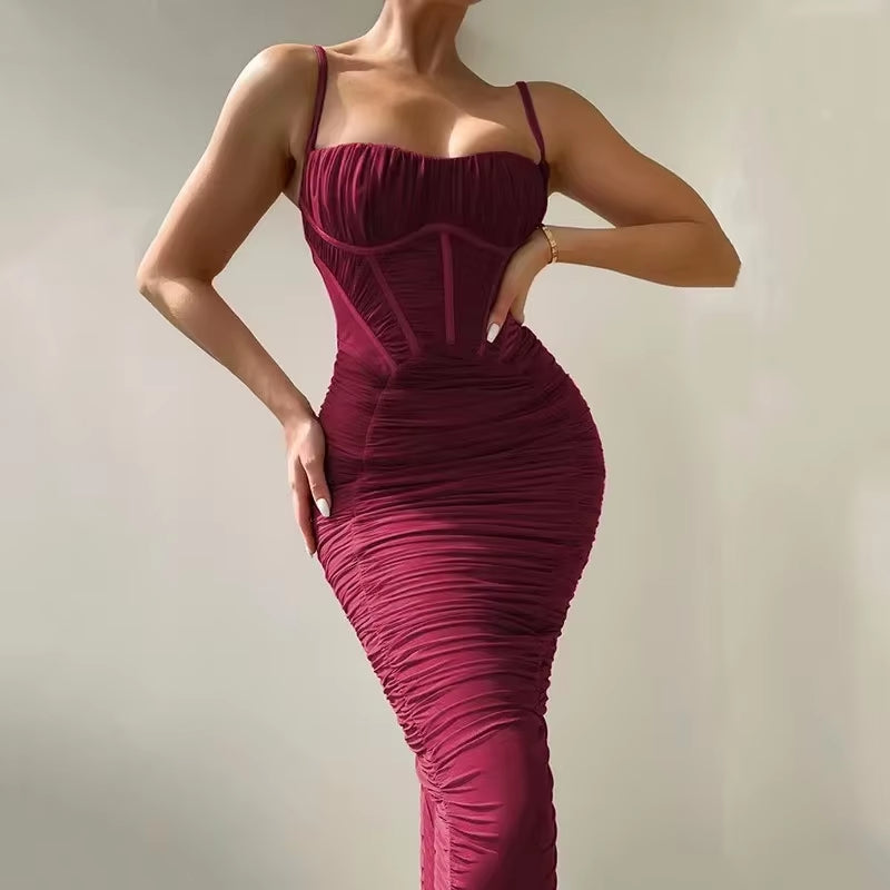 2024 New Women Fashion Spaghetti Strap Sleeveless Backless Zipper Long Dress Vestido Sexy Solid Elegant Corset Ruched Maxi Dress