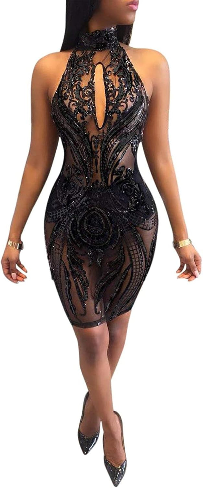 Women'S Sexy Halter Backless See through Sequins Floral Club Bodycon Mini Dress