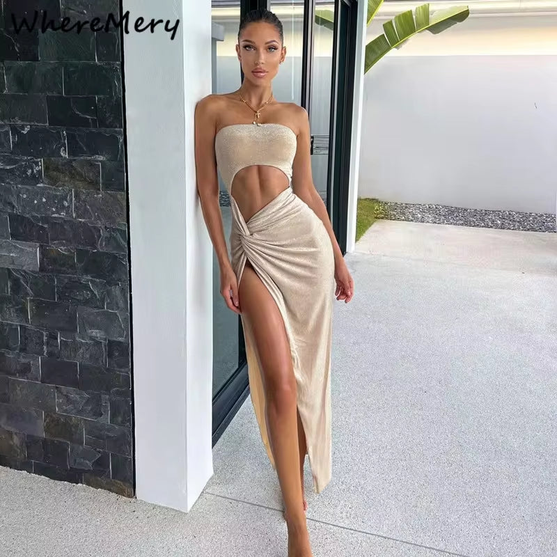 Summer Sexy Sleeveless Slit Dress Hollow Out Skinny Elegant Women Long Dresses 2022 Fashion Ladies Party Club Vestido