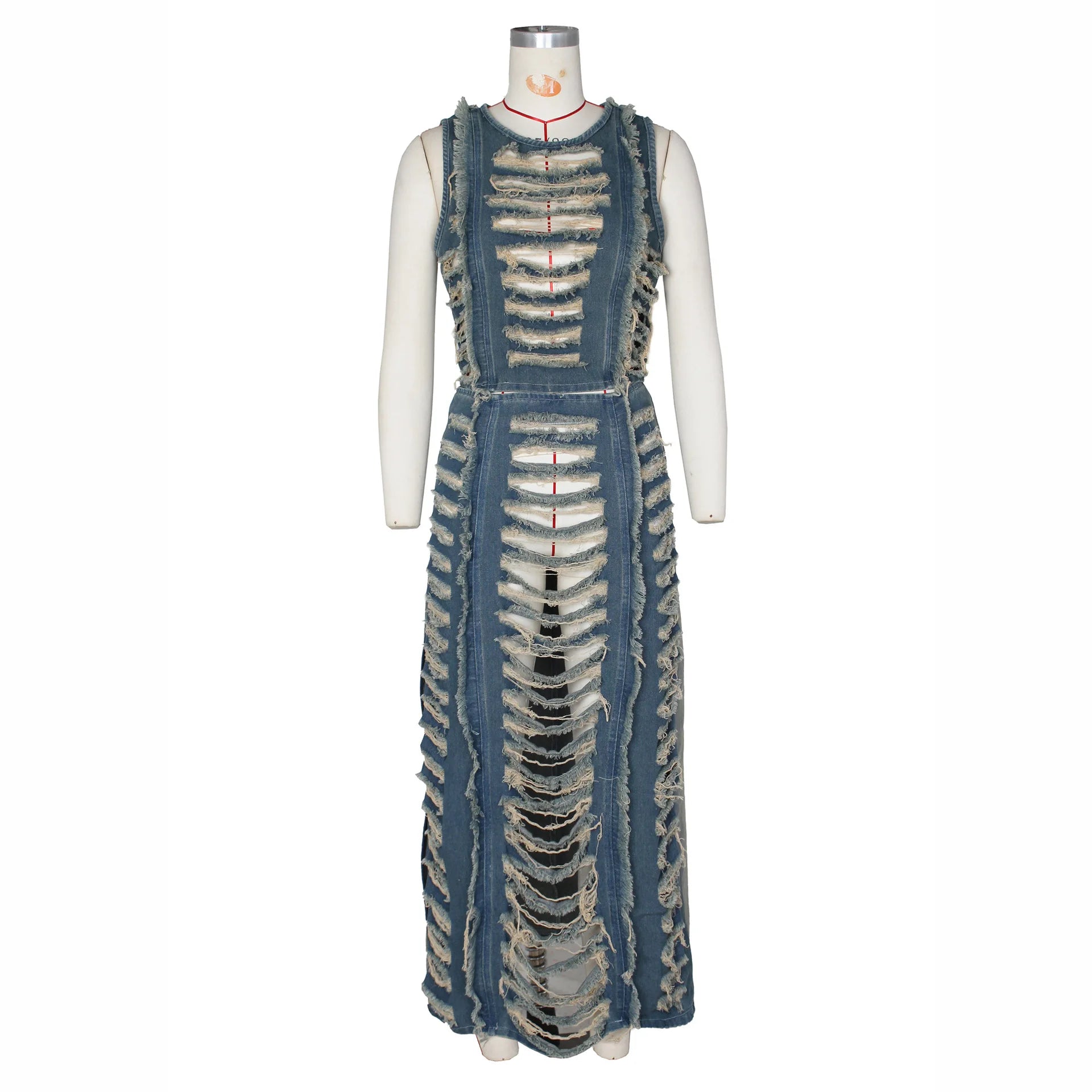 Hollow Out Jeans Skirt Outfit Set Sexy Women Elegant Two Pieces Denim Club Matching Set Top+Long Skirt
