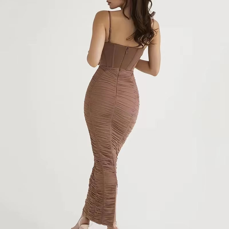 2024 New Women Fashion Spaghetti Strap Sleeveless Backless Zipper Long Dress Vestido Sexy Solid Elegant Corset Ruched Maxi Dress