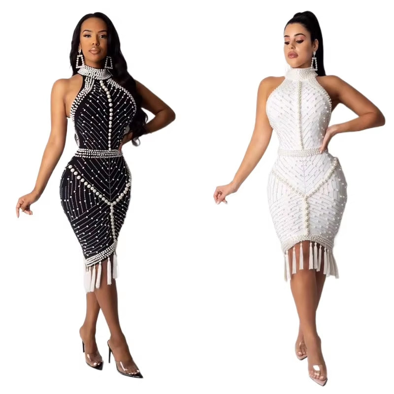 High Quality Dress Women Celebrity White Black Tassel Beading Sexy Rayon Bandage Bodycon Cocktail Party Dress Vestido Harajuku