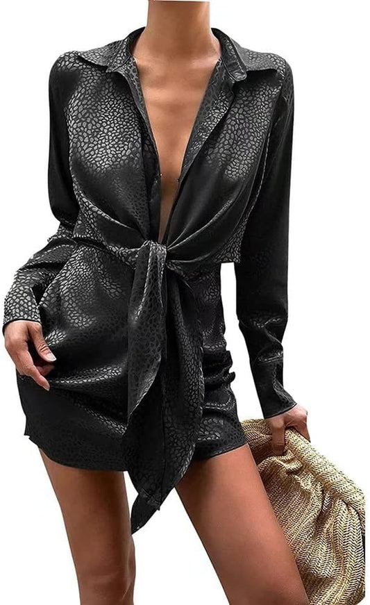 Women Sexy Satin Button down Shirt Collar Printed V Neck Ruched Tie Front Shirtdress Tunic Mini Dress Black M